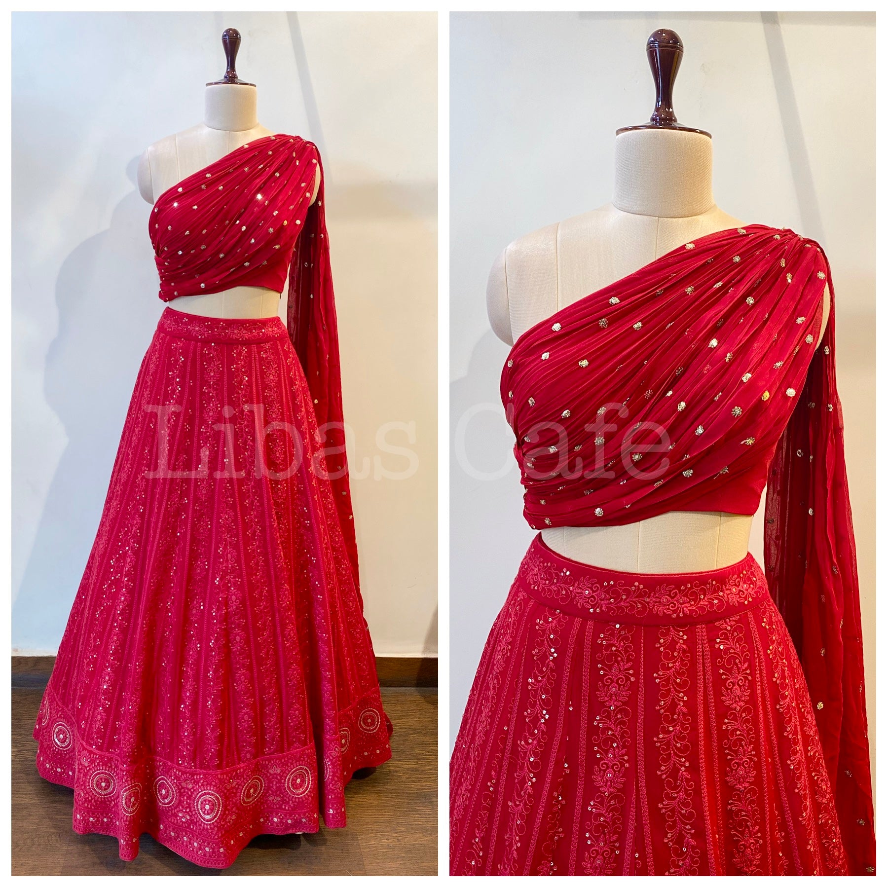 Red Lakhnavi Drape Lehenga